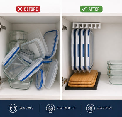 Universal Food Container Lid Organizer – Cabinet & Wall Mount Holder Compatible with IKEA 365+, Snapware, Glasslock & Costco