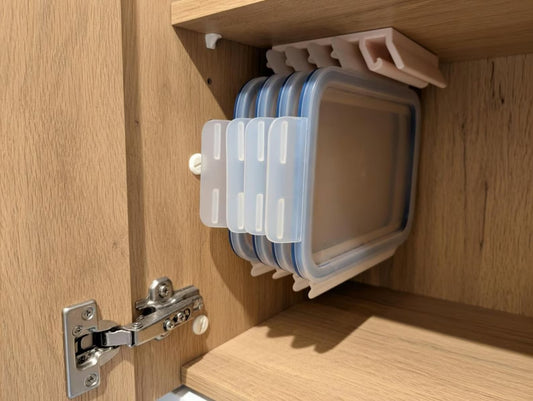 Universal Food Container Lid Organizer – Cabinet & Wall Mount Holder Compatible with IKEA 365+, Snapware, Glasslock & Costco